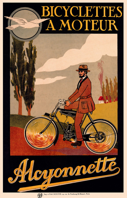 Alcyonnette Bicyclettes Moteur Vintage Poster 1910 French Motorized Bicycle Advertisement – High Quality Giclee Reproduction Fine Art Print. Featuring a man in a stylish suit riding a motorized bicycle, with the bike’s engine prominently visible, set against a vibrant, stylized countryside background with a bird soaring overhead.
