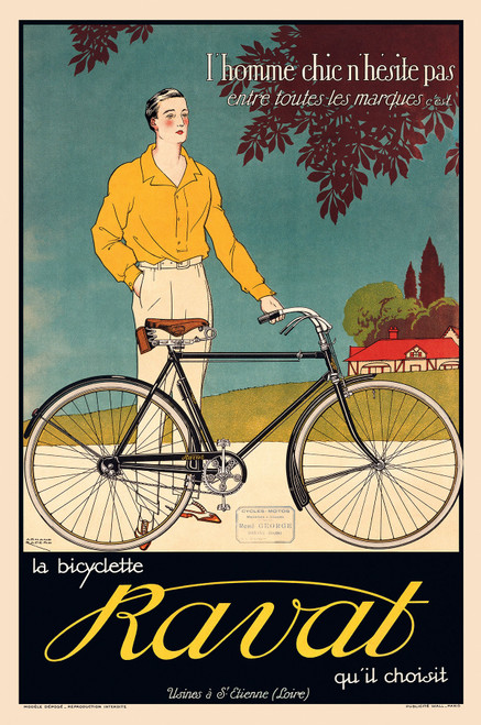 Cycles Ravat Poster by Armand Rapeno 1920 French Bicycle Advertisement – High Quality Giclee Reproduction Fine Art Print. Featuring a well-dressed man in a yellow shirt standing next to a sleek black Ravat bicycle, set against a calm, serene background with stylized foliage and a house in the distance.