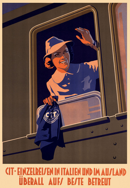 CIT Railcar Vintage Poster 1927 French Travel & Transportation Advertisement – High Quality Giclee Reproduction Fine Art Print. Featuring a woman in a white hat waving from the window of a train, holding a CIT-branded bag, set against a warm, vibrant background with stylized geometric lines.