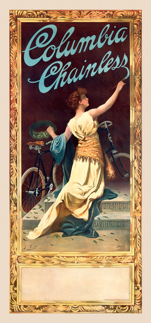 Cycles Columbia Chainless Vintage Poster by A. Romes 1897 American Bicycle & Transportation Advertisement – High Quality Giclee Reproduction Fine Art Print. Featuring a woman in a classical gown holding a wreath in her left hand while writing “Columbia Chainless” with her right hand, and a bicycle beside her, set within a decorative ornate border.
