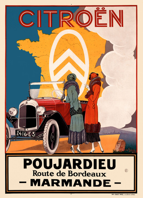 Citroen Poujardieu Vintage Poster by Pierre Loueys 1924 French Car & Transportation Advertisement – High Quality Giclee Reproduction Fine Art Print. Featuring two elegant women standing next to a Citroen car, set against a bold orange background with a map of France and the iconic Citroen logo.