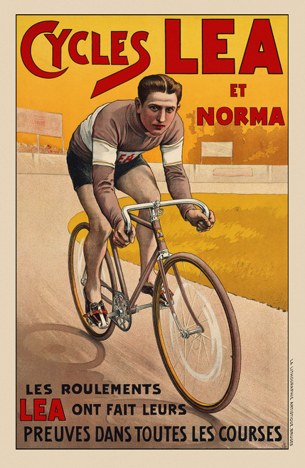 Cycles Lea Vintage Poster 1910 Belgian Bicycle & Transportation Advertisement – High Quality Giclee Reproduction Fine Art Print. Featuring an action packed scene of a cyclist in motion on a race track, emphasizing the sleek, efficient design of the Lea bicycle, set against a bright background.