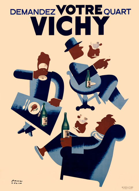 Vichy Water Vintage Poster by Paul Colin 1952 French Water & Beverage Advertisement – High Quality Giclee Reproduction Fine Art Print. Featuring a stylized scene of three abstracted figures dining, drinking, smoking and relaxing with bottles and glasses of Vichy mineral water, set against a bold cream background with graphic blue and brown accents.