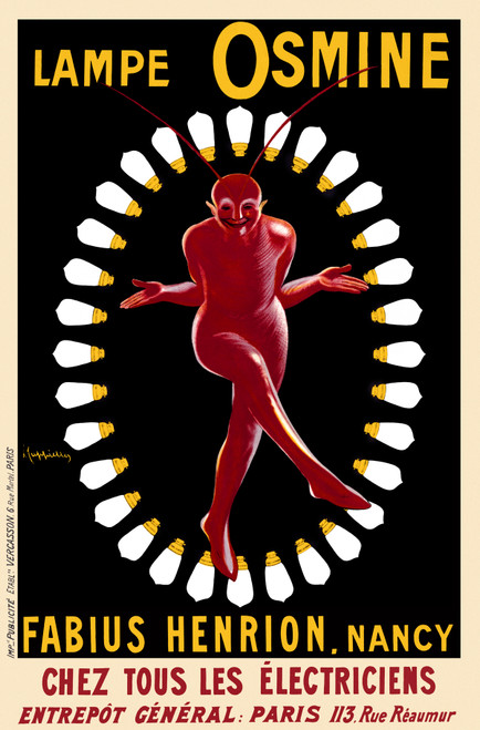 Lampe Osmine Vintage Poster by Leonetto Cappiello 1909 French Lightbulbs & Electrical Advertisement – High Quality Giclee Reproduction Fine Art Print. Featuring a grinning red devil figure surrounded by a radiant halo of lightbulbs on a bold black background.