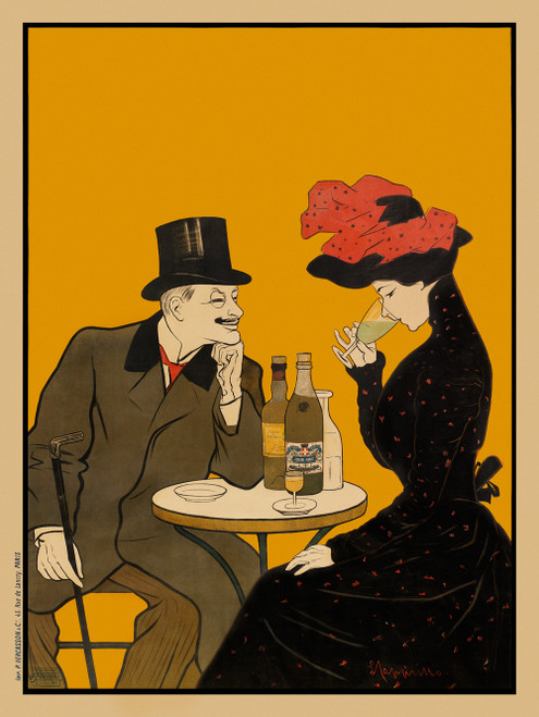 Absinthe J. Edouard Pernot Vintage Poster by Leonetto Cappiello 1901 French Wine & Spirits Advertisement – High Quality Giclee Reproduction Fine Art Print. Featuring a refined couple at a Parisian cafe, the woman elegantly sipping from a glass while the gentleman in a top hat looks on, with bottles of absinthe on the table and a rich mustard yellow background.