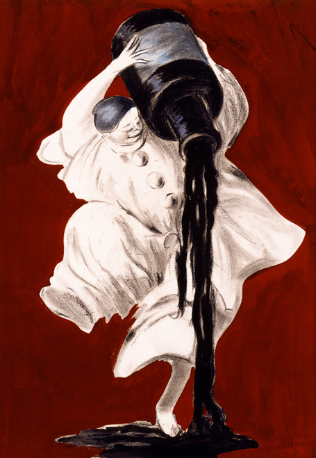 Ink Vintage Poster by Leonetto Cappiello 1920 French Ink Advertisement – High Quality Giclee Reproduction Fine Art Print. Featuring a whimsical character in a voluminous white Pierrot costume energetically pouring thick black liquid from a giant bottle, set against a rich red background.