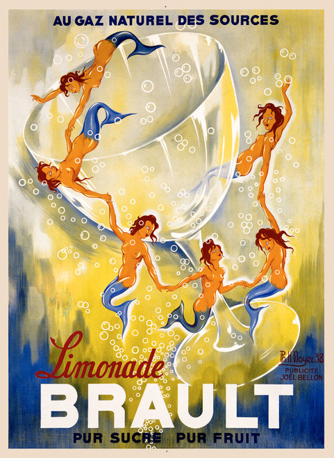 Limonade Brault Vintage Poster by Noyer 1938 French Beverage Advertisement – High Quality Giclee Reproduction Fine Art Print. Featuring a circle of playful mermaids with blue tails swimming among effervescent bubbles inside a giant glass, set against a fresh yellow, white, and blue sparkling background.