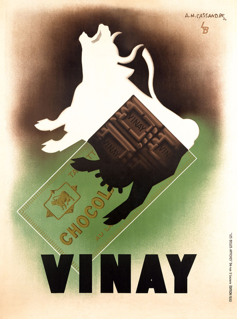 Vinay Chocolat Vintage Poster by A.M. Cassandre 1930 French Chocolate Advertisement – High Quality Giclee Reproduction Fine Art Print. Featuring a powerful silhouette of a roaring bull dynamically formed by a bar of chocolate and green wrapper, set against a bold gradient background.
