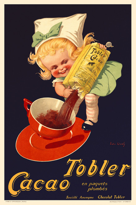 Tobler Cacao Vintage Poster by John Onwy 1925 French Cocoa & Chocolate Advertisement – High Quality Giclee Reproduction Fine Art Print. Featuring an adorable blonde girl in a green dress and oversized bow pouring cocoa into a giant red teacup, set against a dramatic black background.
