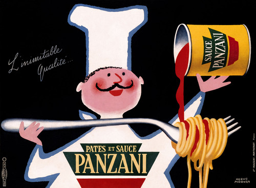 Panzani Sauce Vintage Poster by Herve Morvan 1948 French Food Advertisement – High Quality Giclee Reproduction Fine Art Print. Featuring a smiling cartoon chef holding a giant fork with spaghetti while pouring rich red tomato sauce from a yellow Panzani can, set against a bold black background. Horizontal poster.