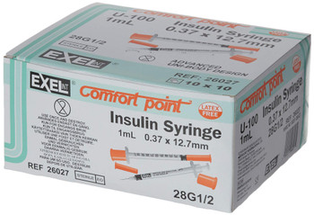 SYRINGE * 1cc  INSULIN  28g x 1/2"  (100/Bx)  (EXEL 26027)