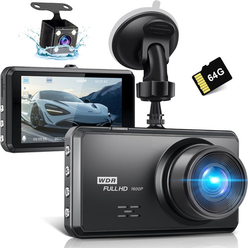 2.5K Dash Cam Front and Rear,64G SD Card,1600P+1080P FHD Dual Dash Camera for Cars,176°+160° Wide Angle,3.2'' IPS Screen Dashcam,G-Sensor, Loop Recording, WDR, Night Vision,24H Parking Monitor