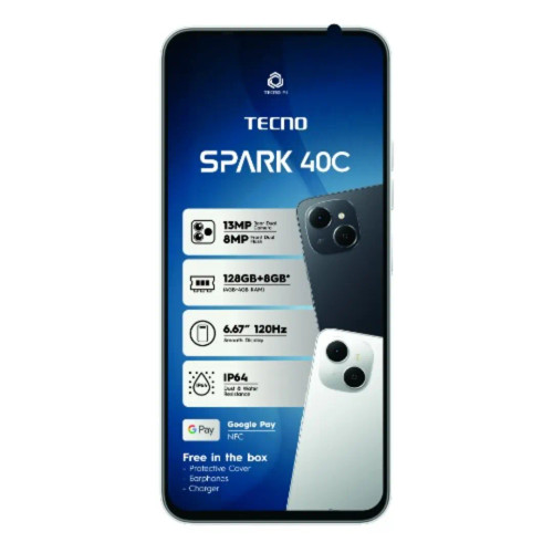 Tecno Spark 40C - 6.67" - 128GB ROM - 4GB+4GB RAM - 4G Dual SIM - Fingerprint - 6000mAh - Black