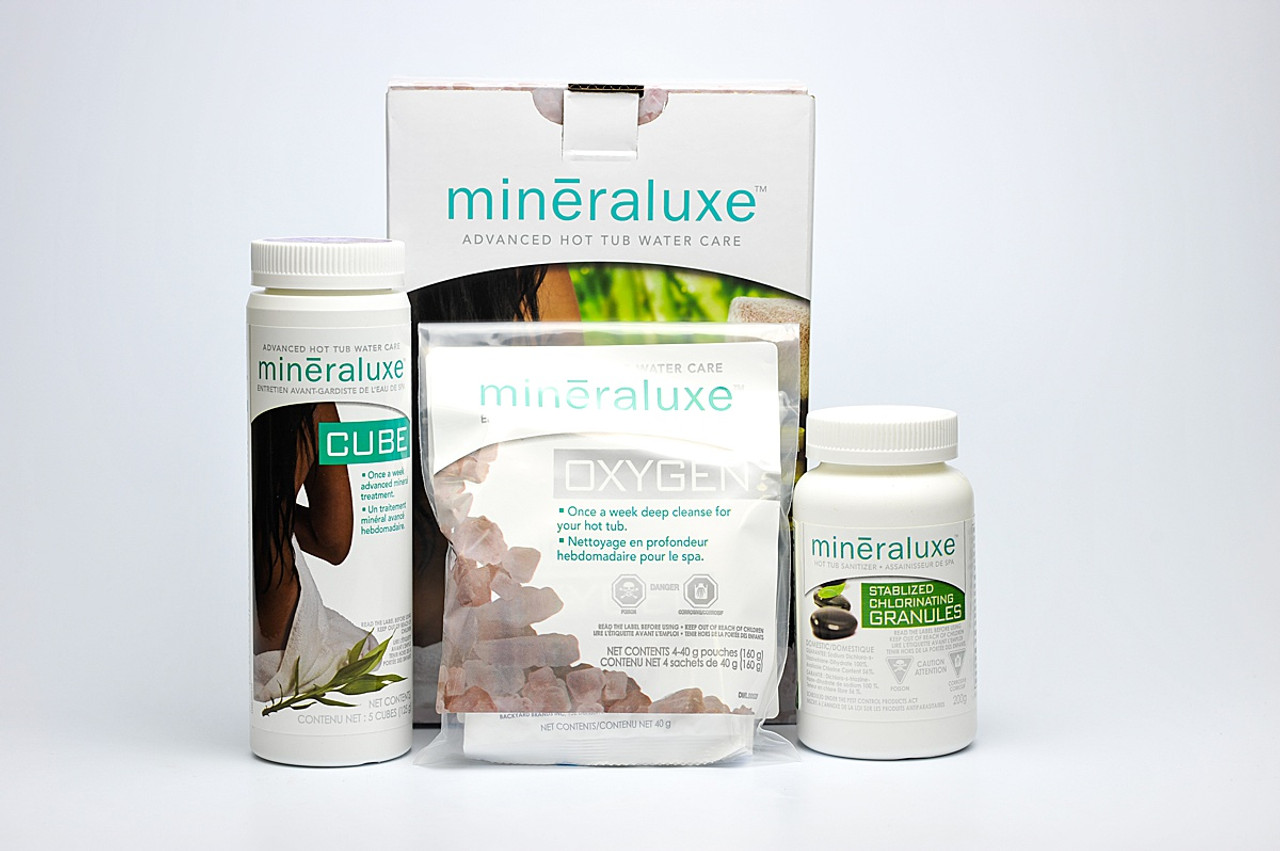 Welcome to the Mineraluxe family! Our Mineraluxe 1-Month System kit is an essential for keeping your hot tub clean and free of bacteria and contaminants. With one simple kit, you'll get everything you need to make sure that your hot tub stays fresh and healthy all month long. 
Our kit contains a 200g sachet of Stab Chlorine Granules to keep your hot tub clean and clear. We've also included 4 sachets of Oxygen for a powerful deep clean, as well as 5 Mineraluxe Cubes that help to promote crystal clear water by absorbing contaminants and odors. 
The components in our Mineraluxe System kit will last around 4 weeks (1 month). As an added bonus, we include easy-to-follow instructions with every kit so you can get the most out of your Mineraluxe system. 
So don't delay - get your Mineraluxe 1-Month System today and enjoy a clean, clear hot tub for up to 4 weeks! With our simple and effective kit, keeping your hot tub looking and feeling great has never been easier. Try it now and see the Mineraluxe difference for yourself! 
Happy soaking!