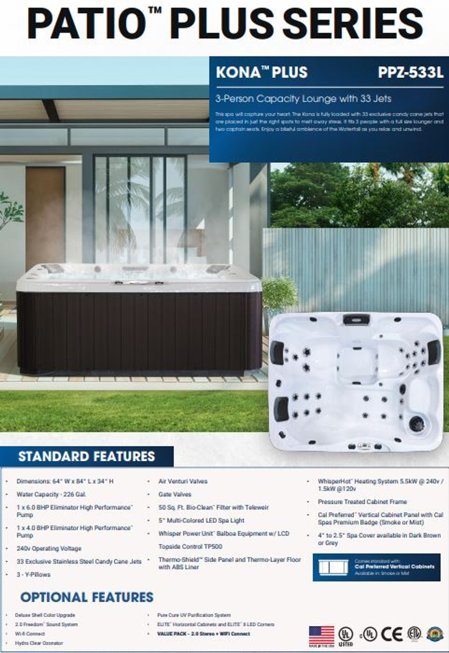 Kona Plus "Platinum spec " 5.5 x 7 (seats 3 , 2 therapeutic pumps ,dedicated circulation heat pump  , 33 jets ) 240v
    Get Ready to Relax in Style with Kona Plus "Platinum specification by western tub and pool " 
  

Kona Plus "Platinum Spec" Hot Tub Description
 

    Elevate your outdoor leisure with the Kona Plus "Platinum Spec" Hot Tub, a prime addition to any deck. Sized to perfection at 5.5 x 7 feet, this luxurious spa comfortably seats three, providing an intimate retreat for relaxation and socializing.

 

Premium Features:
 

Seating Capacity: Room for three occupants to soak in tranquility with a lounger and two seats .
Powerful Dual Pumps: Equipped with 2 high-performance pumps, experience a powerful yet adjustable hydrotherapy session.
Generous Jet System: 33 strategically placed jets offer a comprehensive massage, targeting key stress points for the ultimate relief.
Silent Circulation Pump: The hot tub includes a dedicated 3rd pump - the Heat Hush pump - designed for silent circulation, ensuring heating and filtration cycles are whisper-quiet.
Energy Efficiency: Operating on a standard 240V outlet, this model is designed to conserve electricity, significantly reducing your energy bills without compromising on performance.
Perimeter led lighting and set the mood for any occasion
A upgraded Cal spas Amor Cover to stand the toughest weather conditions
 

 

 

Refined Enjoyment:
 

  Unwind in style as the Kona Plus "Platinum Spec" seamlessly integrates into your outdoor living space. It's not just a hot tub, but a statement that speaks volumes of your dedication to quality, comfort, and eco-friendly practices.

 

   Whether you're indulging in some solitary repose or entertaining guests, the Kona Plus "Platinum Spec" Hot Tub stands out as a symbol of sophisticated outdoor living. Its quiet operation during the most silent nights ensures peace is never disturbed, making it a must-have deck feature for those who appreciate serenity matched with luxury.

 

Discover the pinnacle of home relaxation with the Kona Plus "Platinum Spec." Your oasis awaits.

 

Luxurious Design and Durability:
 

Crafted with premium materials, the Kona Plus "Platinum Spec" Hot Tub boasts a sleek and modern design that adds beauty and elegance to your backyard. The durable acrylic shell is not only luxurious but also resistant to harsh weather conditions and ultraviolet rays, ensuring long-lasting enjoyment for years to come.

 

  The spa's sturdy construction is also complemented by a maintenance-free exterior cabinet, making it effortless to maintain its pristine appearance. This allows you to focus on what truly matters - unwinding and rejuvenating in your personal oasis.

 

Complete Relaxation Experience:
 

In addition to the powerful jet system, the Kona Plus "Platinum Spec" Hot Tub also features ergonomic seating and strategically placed jets for a full-body massage experience. The spa's multi-level seating ensures that each person can find their ideal spot, whether it's targeting specific muscle groups or simply soaking in the warmth.

 

 The waterfall feature adds to the ambiance, creating a soothing and tranquil atmosphere and with the added perimeter LED lighting, you can set the mood for any occasion, from a peaceful solo soak to a fun-filled gathering with friends.

 

 The Kona Plus "Platinum Spec" Hot Tub is more than just a spa - it's an all-encompassing relaxation experience that caters to every need and desire. So why wait? Elevate your outdoor living today with the Kona Plus "Platinum Spec" Hot Tub. Your mind, body, and soul will thank you for it. **

 

Eco-Friendly Practices:
   we understand the importance of preserving our environment. That's why our "Platinum Spec" Hot Tub is designed with eco-friendly features to minimize its carbon footprint. 

 The hot tub's insulation and energy-efficient design help to conserve energy, making it an environmentally responsible choice for your home. Additionally, the hot tub's maintenance-free cabinet is made from recycled materials, reducing waste and promoting sustainable living.

 

Experience the ultimate in luxurious relaxation while also doing your part for the environment with the Kona Plus "Platinum Spec" Hot Tub. It's a win-win situation that you can feel good about.

 

Conclusion:
 

 The Kona Plus "Platinum Spec" Hot Tub offers the perfect balance of luxury, performance, and sustainability. With its premium features, durable design, and commitment to eco-friendly practices, it's a must-have addition to any outdoor living space. Elevate your leisure time and indulge in complete relaxation with the Kona Plus "Platinum Spec" Hot Tub today. Your mind and body will thank you for it.