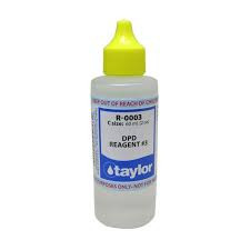 DPD Reagent #3, 2 oz, Dropper Bottle
Taylor DPD Reagent #3 is a high-quality testing solution specifically designed for measuring combined chlorine levels in pool and spa water. This reagent plays a crucial role in ensuring optimal water balance, helping to maintain safe and crystal-clear water conditions. Easy to use and highly reliable, it works in conjunction with Taylor test kits to provide accurate and consistent results. Whether you’re a residential pool owner or a professional technician, Taylor DPD Reagent #3 is an essential tool for effective pool water maintenance and testing.

Taylor DPD Reagent #3 is used in pool and spa water testing to determine total chlorine levels. After performing a free chlorine test, five drops of DPD #3 are added to the sample, mixed, and the resulting color is compared to a color chart to determine the total chlorine concentration. This value, along with the free chlorine reading, is used to calculate the combined chlorine level. 

Detailed Instructions:

Start with a Free Chlorine Test: First, follow the instructions for your Taylor test kit to determine the free chlorine level in your pool or spa water. 
Prepare the Sample: Use the same water sample from the free chlorine test. Fill the comparator tube to the appropriate mark (usually 9ml or 25ml). 
Add DPD #3: Add five drops of Taylor DPD Reagent #3 (R-0003) to the sample. 
Mix Thoroughly: Cap the tube and mix well by inverting it several times. 
Compare and Record: Immediately compare the color of the solution to the color standards provided in your test kit. Record the reading as parts per million (ppm) of total chlorine (Cl2). 
Calculate Combined Chlorine: Subtract the free chlorine reading from the total chlorine reading to determine the combined chlorine level (total chlorine - free chlorine = combined chlorine). 
Dilution for High Readings: If the color is very dark (e.g., 5 ppm or higher), dilute the sample and repeat the test for more accurate results. 
Important Notes:

Light:
Conduct the color matching in natural daylight (preferably northern light) or with a daylight simulator. 
Shelf Life:
Reagents have a limited shelf life, so store them properly (cool, dark place) and replace them as needed. 
Accuracy:
Ensure accurate readings by following the instructions carefully and using fresh reagents.
Test Pool Water with Confidence!
Our specialized product is designed to make pool and spa water quality monitoring simple and reliable. With simple instructions and easy-to-read results, you'll ensure your pool stays crystal clear and safe for swimmers. Don't settle for uncertainty—choose a product tailored for your pool care needs. Order now and enjoy worry-free swimming all season long!