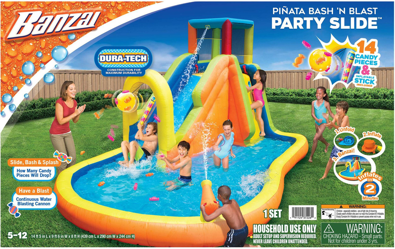Outdoor Piñata Bash Inflatable Water Park Play Centre



  Make it a backyard bash with the Piñata Bash ‘N Blast Party Slide™! This inflatable party slide is perfect for outdoor birthday parties, family get-togethers, or any fun summer gathering. With a vibrant piñata design and built-in sprinkler system, this slide will keep kids entertained for hours.

  The Piñata Bash ‘N Blast Party Slide™ stands at over 14 feet tall and features a large slide with a splash pool at the bottom. The top of the slide is shaped like a traditional piñata, complete with colorful fringe and a star-shaped opening that releases water when filled. Kids can climb up and blast down the slide while getting soaked by the built-in sprinkler system.

  Not only is the Piñata Bash ‘N Blast Party Slide™ entertaining, but it also promotes physical activity and outdoor play. Kids will love running, climbing, and sliding while staying cool on hot summer days.

  But the fun doesn't stop there! The slide can also be used without water, making it a versatile option for any occasion. It's easy to set up and take down, making it perfect for backyard parties or even taking to the park.

  Made with durable materials, the Piñata Bash ‘N Blast Party Slide™ is built to last through multiple seasons of use. Plus, its compact design allows for easy storage when not in use. Don't miss out on this must-have addition to any summer party! Order your Piñata Bash ‘N Blast Party Slide today at WesternTubandpool.com



Enjoy water-sliding fun with the BANZAI Piñata Bash Inflatable Water Park Play Center

Inflatable piñata ball with brightly colored self-sticking candies to swat

Includes 14 lightweight candy pieces and an inflatable batting stick

Continuous water-blasting cannon

Inflates in under 2 minutes

Included blower motor with GFCI for maximum safety and convenience

Detachable water-spraying hose assembly

Storage bag, ground stakes and repair kit included

Recommended for ages 5 to 12

Individual user maximum weight limit: 120 lb (54.4 kg)

Combined user maximum weight limit: 150 lb (68 kg)

Size: 14.5 ft. L x 9.6 ft. W x 8 ft.



 Features	
Age Group(s)	
Kids (5-13 Years)

Assembled Height (cm)	244.00 cm
Assembled Height (ft)	8.01 ft
Assembled Height (in)	96.06 in
Assembled Length (cm)	439.00 cm
Assembled Length (ft)	14.40 ft
Assembled Length (in)	172 7/8 in
