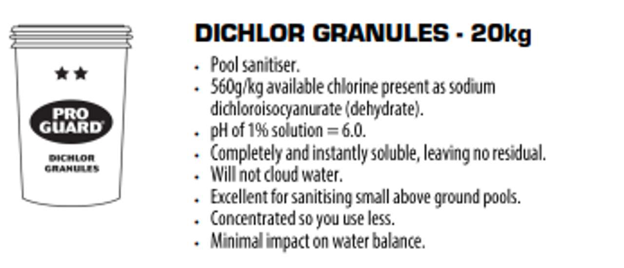 Crystal Clear Water, Every Time with   Pro Guard DiChlor Granular Chlorine  50 Lb -20 KG 
Ensure safe, sparkling water with Pro Guard DiChlor Granular Chlorine, the trusted solution for pool and spa owners who value effective, hassle-free maintenance.

 dichlor-stabalized-granular-chlorine-..-western-tub-and-pool-1-855-248-0777.png

 

[Shop Now at Western Tub and Pool 1-855-248-0777 ]

Simplify Your Pool Maintenance
 
 
Keeping your pool or spa clean shouldn’t feel like a complicated chore. The Biolab 21045BPG 50 lbs ProGuard Dichlor Granular Chlorine is a premium-grade solution for sanitizing your water efficiently and effectively.

Here’s why pool owners choose ProGuard Dichlor Granular Chlorine time and again:

Fast-Dissolving and Easy-to-Use
Say goodbye to residue or cloudiness. ProGuard dissolves quickly, keeping your water clear and swim-ready in no time.

Powerful Sanitization
Achieve consistent disinfection by eliminating harmful bacteria, algae, and contaminants with every application.

Stabilized Chlorine
Specially formulated to resist the degrading effects of UV rays from sunlight, ensuring prolonged performance and fewer reapplications.

Versatile for Pools and Spas
Designed to meet the sanitization needs of all water environments, from backyard pools to luxurious hot tubs.

Why Choose Western Tub and Pool?
Reliable Quality
We only stock trusted, professional-grade pool sanitation products to guarantee your satisfaction.

Competitive Pricing
Enjoy access to top-tier pool solutions at pricing that works for you.

Expert Support
Our knowledgeable team is here to answer your questions, ensuring your pool care is as simple as possible.

Take the First Step Toward Effortless Pool Care
Don’t settle for cloudy or unsanitary water. Simplify pool maintenance with ProGuard Dichlor Granular Chlorine and enjoy safe, crystal-clear water every day.

[Shop Now and Save Time Today! 1-855-248-0777]