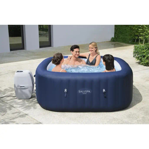 Hawaii  Inflatable Hot Tub 6 x 6 ( seats 4-6  , 1 air pump , 114 air ports ) plug and play 120v 


Soak in the Relaxation with the SaluSpa™ Hawaii AirJet™ Hot Tub!
Sink into the warm, bubbling waters of the SaluSpa™ Hawaii AirJet™ and let all your worries melt away. This inflatable hot tub is the perfect way to unwind after a long, hard day.

The Ultimate Massage Experience
The AirJet bubbles are released from the bottom of the spa, creating a soothing massage system that will leave you feeling relaxed and rejuvenated. Say goodbye to tension and hello to pure bliss.

Built to Last
Don't let its inflatable feature fool you - this hot tub is built to withstand daily use. Made with durable, puncture-resistant Tritech™ material, it can handle multiple inflations and deflations without losing its shape. UV-resistant for added protection, you can enjoy your hot tub for years to come.

Portable Paradise
With its inflatable design, the SaluSpa™ Hawaii AirJet™ is perfect for those seeking a portable paradise. Take it on camping trips, set it up in your backyard, or even bring it with you on vacation - the possibilities are endless.

Don't wait any longer, indulge yourself with the SaluSpa™ Hawaii AirJet™ hot tub and experience pure relaxation anytime, anywhere. So why not dive into this inflatable oasis and let your worries float away? Trust us, your body and mind will thank you. Happy soaking!



ENJOY THE ULTIMATE SPA EXPERIENCE: receive total relaxation when you slip into this square-shaped portable hot tub after a long day. 114 airjets Massage sore muscles for a luxurious treat
OPERATE FROM INSIDE THE HOT TUB: The digital control panel lets you change the water temperature (up to 104 degrees Fahrenheit) and flow of the jets without stepping out of the tub. A power saving timer can even automate the temperature of the spa up to 72 hours in advance
Cord length: 9 feet
Disclaimer: This spa cannot be used in temperatures less than 39 degrees Fahrenheit
DESIGN DELIVERS STRENGTH AND COMFORT: Bestway Salsa Hawaii's y-beam construction is designed to offer maximum structural stability while maintaining a comfortable and luxurious surface for all guests
SIMPLE SETUP AND MAINTENANCE: no extra tools are needed to setup This portable spa. Simply inflate and deflate with the spa's own pump! In addition, a reinforced cover with safety lock clips and built-in air chamber for heat insulation covers your spa when not in use
MADE FOR ON-THE-GO USAGE: with lift handles, the spa can be moved around with ease. This spa deflates compactly for optimal storage and transportation purposes.
TRITECH™ MATERIAL: stress tested to offer superior durability and retains its shape no matter how many times its inflated and deflated
Reinforced cover has safety lock clips and holds in heat when the spa isn’t in use
Integrated water filtration system
ChemConnect™ chemical dispenser evenly disperses a stable level of chlorine
Fast and easy setup using the included spa pump
Water Capacity (80%): 222 gal. (840 L)
Contents: 1 spa, 1 cover, 1 pump, 1 ChemConnect dispenser, 2 filter cartridges (VI), 1 repair patch


Other Dimensions
Overall 2' 4'' H X 5' 11'' W X 5' 11'' D
Interior Tub   5' 8''
Overall Product Weight 96.85 lb.
Product Weight When Filled 1938 lb.
Interior Bath Tub Depth - Front to Back 5' 8''
Internal Tub Height - Top to Bottom 2' 1'' H
Features
Product Type  Inflatable
Primary Material  Vinyl
Maximum Occupancy 6
Exterior Colour Blue
Overall Shape  Square
Voltage  120 Volt
Minimum Temperature 30°F
Maximum Temperature  104°F
Number of Jets 60
Number of Pumps 1
Ozonator Included No
Light Included No
Cover Included Yes
Steps Included No
Filter Included Yes
Water Capacity 222 gallons
Supplier Intended and Approved Use Residential Use
Interior Colour White
Assembly
Installation Required Yes
Warranty Commercial Warranty No
