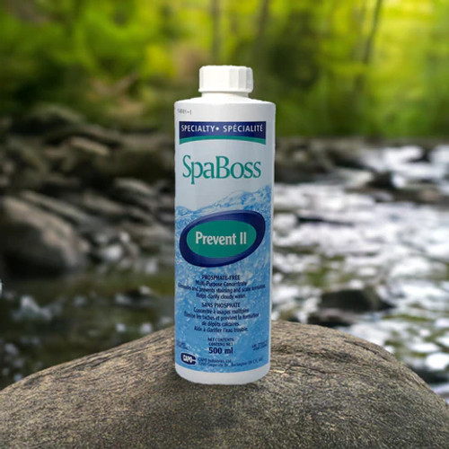Spa Boss - Prevent II 
The Spa Boss Prevent II is a water treatment solution specifically designed for hot tubs and spas. It is formulated to prevent scaling, staining, and corrosion in your hot tub or spa, ensuring that you can enjoy clean and clear water every time you use it.
Benefits of Using Spa Boss Prevent II
Prevents Scaling: The buildup of scale on the walls of your hot tub or spa can be unsightly and difficult to remove. With regular use of Spa Boss Prevent II, this can be prevented, saving you time and effort in cleaning.
Prevents Staining: Metals such as iron and copper can cause stains on the surface of your spa or hot tub. Spa Boss  Prevent II helps to prevent these metals from oxidizing and forming stains, keeping your spa looking clean and inviting.
Prevents Corrosion: The use of Spa Boss Prevent II can also help protect the metal components of your hot tub or spa from corrosion. This means your equipment will last longer and require less frequent maintenance.
Saves You Money: By preventing scaling, staining, and corrosion, Spa Boss Prevent II can save you money in the long run by reducing the need for repairs and replacements.
Easy to Use: Adding Spa Boss Prevent II to your hot tub or spa is a simple process that doesn't require any special tools or equipment. Just follow the instructions on the label and enjoy the benefits.
Compatible with Other Products: Spa Boss Prevent II is compatible with other hot tub and spa products, making it easy to incorporate into your existing maintenance routine.
How to Use Spa Boss Prevent II
Begin by balancing the pH level of your hot tub or spa water between 7.2 - 7.8.
Add one ounce of Spa Boss Prevent II per 500 gallons of water every week.
Run your hot tub or spa for at least one hour after adding the product to ensure proper distribution.
Monitor the pH and alkalinity levels regularly and adjust as needed to maintain balanced water chemistry.
It is recommended to drain and refill your hot tub or spa every 3-4 months, or as needed.
Tips for Maintaining a Clean Spa
Regularly clean the filter and replace it when necessary to ensure proper filtration.
Shock your spa with chlorine or non-chlorine oxidizer weekly to eliminate contaminants.
Use a surface cleaner specifically designed for hot tubs and spas to remove any buildup or residue on the walls and floor of your spa.
Test the water chemistry regularly (at least once a week) and adjust as needed to maintain balanced levels.
By following these tips and incorporating Spa Boss Prevent II into your routine, you can ensure that your hot tub or spa stays clean, clear, and enjoyable for years to come. Don't forget to regularly check and clean your spa cover as well, as it plays a crucial role in keeping debris out of the water.
In addition to using Spa Boss Prevent II, regular maintenance and cleaning are essential for maintaining the overall health and longevity of your hot tub or spa. With proper care, you can continue to enjoy the relaxing benefits of your spa without worry about scaling, staining, or corrosion. So sit back, relax, and let Spa Boss Prevent II do the work for you.  Happy soaking!   1-855-248-0777 