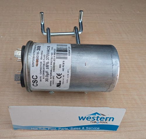 Recycled 30 MFD 370 Volt AC Run  Capacitor for pool , hot tub and other electric motors that use this Capacitor

Electric hot tub motor run capacitor.

Specs:

MDF / uF Rating : 30.0
Voltage : 370VAC/B
Hz : 50 or 60
Shape : run
Terminals : Male spade connectors
Temperature range : 70c
Construction : Sealed top
Standards : cRUus
Manufactured in : Mexico
Please note:

Capacitors should only be replaced with a capacitor that has the exact same MDF / uF and voltage range ratings