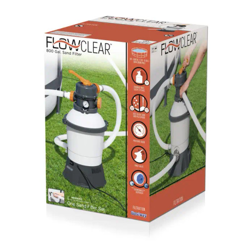 The Bestway pool ® 800 gal Flowcear™ Sand Filter is a highly efficient and environmentally friendly way to keep clean water flowing through your above ground pool. It’s also far more cost effective than running a traditional filter pump system as the pump uses silica sand instead of a filter cartridge. Where a filter cartridge may need replaced every 2 weeks, silica sand only needs to be changed once every 3 years. The pool pump works by draining pool water through a hose and into the filtration system. Although water passes through the system with fantastic ease, the silica sand is so compact that it traps dirt and debris. Filtered water is then pumped down a separate hose and into the swimming pool inlet. Separating debris from sand, when the pressure gauge indicates that the corrosion proof tank is full, is a simple case of turning it to its backwash setting. Once it has been separated, a waste hose is attached and the rinse valve is turned, flushing filth and debris to a suitable deposit area. The Sand Filter is compatible with 300-4,800 gal. (1,100-18,100 L) pools. It makes an excellent upgrade to a traditional filter pump and is a fantastic way to enhance your above ground pool.
Pump flow rate of 800 gal./h (3,028 L/h)
Compatible with pools sizes 300-4,800 gal. (1,100-18,100 L)
Durable, corrosion-resistant filter tank
Top flange clamp allows 360˚ rotation for quick and smooth installation
ChemConnect™ dispenser evenly disperses the stable level of chlorine needed for proper chemical balance
Pre-filter strainer catches larger particles to protect the pump impeller and ensure a longer life span
Sand not included. Require sand size: #20 silica sand, 0.45-0.85 mm, approximately 8.5 kg
Also works with Bestway® Polysphere™ Pool Filtration Spheres
110-120V GFCI plug
Contents: 1 sand filter set, 1 ChemConnect dispenser