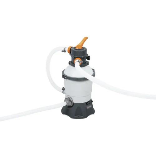 The Bestway pool ® 800 gal Flowcear™ Sand Filter is a highly efficient and environmentally friendly way to keep clean water flowing through your above ground pool. It’s also far more cost effective than running a traditional filter pump system as the pump uses silica sand instead of a filter cartridge. Where a filter cartridge may need replaced every 2 weeks, silica sand only needs to be changed once every 3 years. The pool pump works by draining pool water through a hose and into the filtration system. Although water passes through the system with fantastic ease, the silica sand is so compact that it traps dirt and debris. Filtered water is then pumped down a separate hose and into the swimming pool inlet. Separating debris from sand, when the pressure gauge indicates that the corrosion proof tank is full, is a simple case of turning it to its backwash setting. Once it has been separated, a waste hose is attached and the rinse valve is turned, flushing filth and debris to a suitable deposit area. The Sand Filter is compatible with 300-4,800 gal. (1,100-18,100 L) pools. It makes an excellent upgrade to a traditional filter pump and is a fantastic way to enhance your above ground pool.
Pump flow rate of 800 gal./h (3,028 L/h)
Compatible with pools sizes 300-4,800 gal. (1,100-18,100 L)
Durable, corrosion-resistant filter tank
Top flange clamp allows 360˚ rotation for quick and smooth installation
ChemConnect™ dispenser evenly disperses the stable level of chlorine needed for proper chemical balance
Pre-filter strainer catches larger particles to protect the pump impeller and ensure a longer life span
Sand not included. Require sand size: #20 silica sand, 0.45-0.85 mm, approximately 8.5 kg
Also works with Bestway® Polysphere™ Pool Filtration Spheres
110-120V GFCI plug
Contents: 1 sand filter set, 1 ChemConnect dispenser