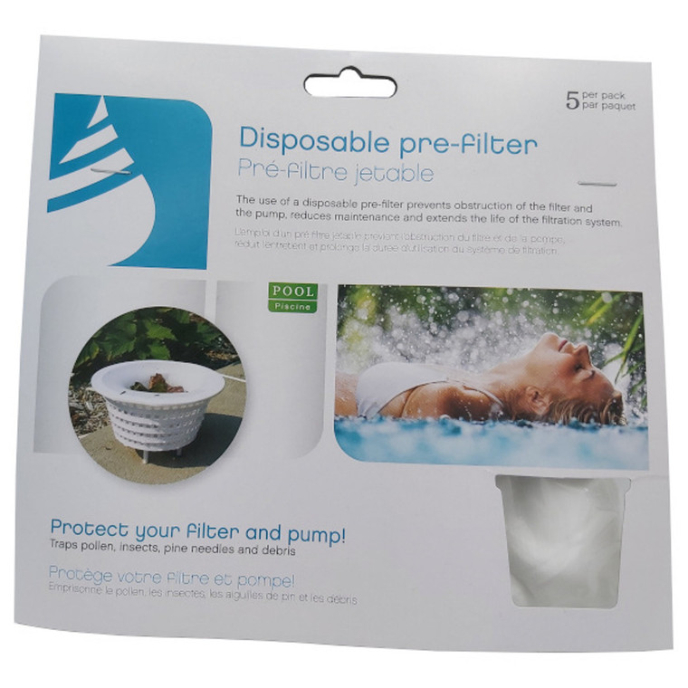 Pre filter Filter hot tub and pool sock 

    Let's face it, filter socks can be a real pain. Constantly having to clean and replace them is time consuming and tedious. Luckily for you, our filter sock pre filter is here to save the day! This disposable filter traps pollen, insects, pine needles and other debris before they get into your filtration system - preventing obstruction of the filter and pump, reducing maintenance and extending the life of your system. Plus, with our filter sock pre filter, you get a pack of 5 so you don't have to worry about buying more for a while! And best of all, it fits all skimmer baskets - making sure everyone has access to awesome filter sock pre filters that keep their filter pumps running like clockwork. So, don't let filter socks drag you down - get your filter sock pre filter today! 1-855-248-0777