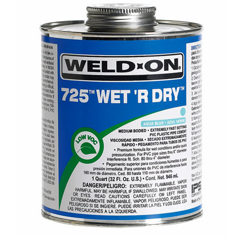 725™ WET 'R DRY™ PVC MEDIUM BODIED - QUART is an amazing product for all your PVC bonding needs. Hot tubs, rigid and flex PVC? No problem! This high-strength glue is fast curing and water-resistant, making it the perfect choice for any job requiring a secure bond in wet or dry conditions. So go ahead and grab a can of 725™ WET 'R DRY™ PVC MEDIUM BODIED - QUART for all your adhesive needs, from hot tubs to rigid and flex PVC applications! You won’t be disappointed. 1-855-248-0777 