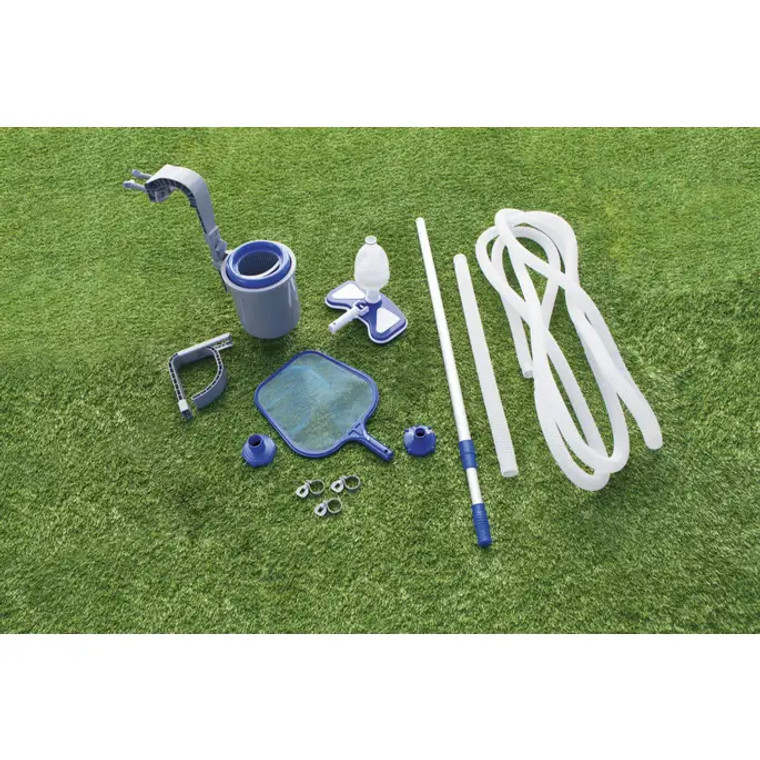 The Deluxe pool Maintenance Kit is here to make pool cleaning a breeze! It comes with all the necessary pool cleaning tools, so you don't have to worry about scrounging around for anything. The kit includes aiming to make your life easier, a skimmer net for catching all those pesky debris in the pool, and a trusty and dependable pool vacuum with a removable and reusable leaf bag - perfect for larger-diameter pools. Not to mention, it comes with an adjustable aluminum pole and hose which attaches easily to any filter pump so you can start cleaning your pool right net and vacuum that attaches an adjustable aluminum pole and hose - perfect for the pump to the swimming pool vacuum. With various attachments, it's ready to tackle any grime and algae on the floor and walls of the pool, so your dream oasis can stay in top shape all season long! So grab your Deluxe Maintenance Kit today and let it make life a little easier while you relax by the pool. 1-855-248-0777