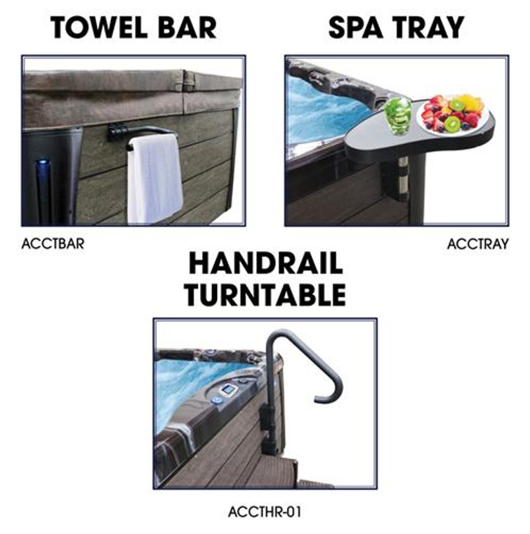 Accessory Combo Set - Towel Bar- Spa Tray -Handrail-
    Introducing the perfect combo set for all hot tub owners – Towel Bar, Spa Tray and Handrail! With this trio you’ll have complete your hot tub environment. Whether it be hanging up a towel or sitting down with snacks and drinks, this accessory combo pack is designed to make your spa experience as stress-free as possible. Not to mention, the handrail adds an extra layer of safety for those steaming hot tubs. So don’t wait any longer and get your hands on this must-have accessory combo set! Make sure to stay in control with Towel Bar, Spa Tray and Handrail today. 1-855-248-0777