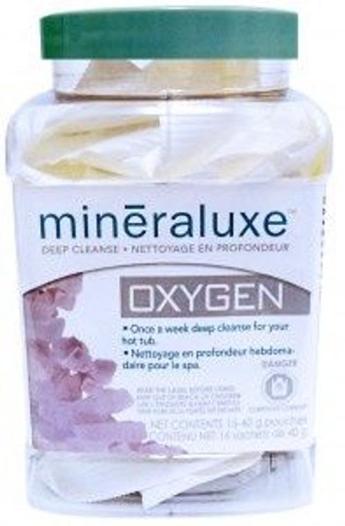 Mineraluxe Oxygen 40 gr easy premeasured packets
Introducing Mineraluxe Oxygen – the ultimate cleaning solution for your hot tub! With its signature blend of enhanced activated oxygen and polishers, it cleanses bather wastes while breaking down oils, lint, dead skin, dirt and other particles so you can have ultra-clean and clear water. 
Our pre-measured 40g sachets make mineralize oxygen a convenient and hassle-free product - simply drop it in your hot tub and let it work its magic! For extra filtration, Mineraluxe Oxygen works synergistically with our CUBE filtration system. 
Instead of wasting time trying to scrub and clean your hot tub, just add Mineraluxe Oxygen for the sparkling clean results you deserve! Get yours today and experience the Mineraluxe difference. 
No hot tub should be without it! Try Mineraluxe Oxygen now and let us make your hot tub cleaning experience hassle-free. Invest in quality today with Mineraluxe Oxygen – because you deserve clean, clear water that looks great all season long! 
Happy soaking!  1-855-248-0777