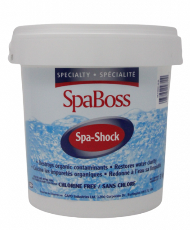 SpaBoss Spa Shock 

size 3 kg , 6.6 lb

Introduction

The SpaBoss Spa Shock is the perfect solution to keeping your hot tub water clean and safe. This 3Kg , 6.6 lb of non-chlorine shock is essential for maintaining a healthy spa environment, especially when used in conjunction with a regular maintenance routine.

What is Spa Shock?

Spa shock is a powerful oxidizer that removes organic materials from hot tub water. These materials include soap, oils, deodorants and other impurities that can build up over time from regular use. These contaminants can cause unpleasant odors, cloudy water and even skin irritation if not properly removed.

Why is Spa Shock Important?

The SpaBoss Spa Shock is designed specifically for hot tubs and is the key to keeping your chlorine or bromine sanitizers working effectively. Microorganisms don’t stand a chance against this powerful shock treatment, ensuring that your spa water remains clean and healthy for all users. Additionally, regular use of Spa Shock helps prevent buildup on spa surfaces, extending the life of your hot tub.

**How to Use Spa Shock

Using the SpaBoss Spa Shock is simple and only takes a few minutes. First, ensure that your hot tub water is properly balanced with the right pH and alkalinity levels. Then, add 2oz of shock per 500 gallons of water directly to the spa with the jets running. Wait at least 15 minutes before using your hot tub again.

 

Spa shock is an oxidizing agent that helps break down organic materials . This product is not a sanitizer or an algaecide. For routine disinfection, use  registered product according to label directions.

 

comparable products

SpaBoss Spa Shock is comparable to:

Arctic Pure Refresh
Rendezvous Activate
Leisure Time Boost non-chlorine Shock
Leisure Time Renew non-chlorine shock oxidizer
Leisure Time Renew Tabs
Spa Essentials Spa Shock
Spa Guard Spa Lite
Dazzle Amaze
Spa Synergy Clear
Beachcomber Bromate
Beachcomber Care Free
Tabex Shock N' Soak