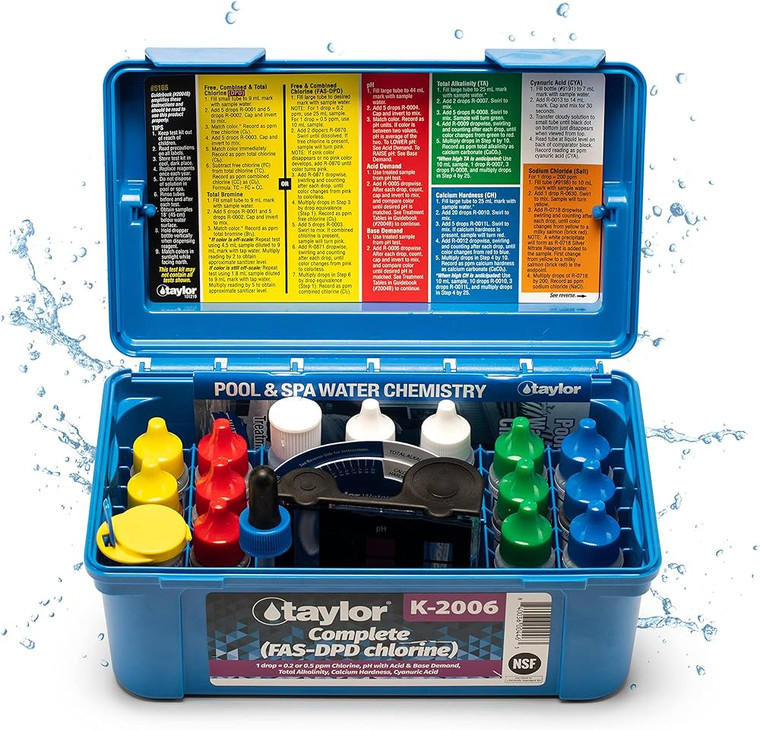 Complete™ kit for Cl, pH, Alk, CH, CYA (FAS-DPD–high range) (.75 Oz Bottle) 
The Complete™ kit is an all-in-one solution for testing chlorine (Cl), pH, alkalinity (Alk), calcium hardness (CH), and cyanuric acid (CYA) levels in your pool or spa. This comprehensive kit comes with a .75 oz bottle of FAS-DPD reagent, which is specifically designed for high range testing.
With this kit, you can easily and accurately test all the essential levels to ensure your pool or spa is properly balanced and safe for swimming. Whether you are a beginner or an experienced pool owner, this kit has everything you need to maintain crystal clear water.
Why Test Cl, pH, Alk, CH, CYA Levels?
Testing these levels is crucial for maintaining a healthy and safe swimming environment. Chlorine is the primary sanitizer used in pools and spas, killing bacteria and other harmful contaminants. However, too much or too little chlorine can cause skin irritation, eye irritation, and even illnesses.
pH is another important factor to consider when testing your pool or spa water. The ideal pH range for a pool is between 7.2-7.8, as this is where chlorine is most effective and not too harsh on swimmers' skin and eyes. If the pH is too high or low, it can affect water balance and lead to corrosion, scaling, or algae growth.
Alkalinity helps to stabilize pH levels and prevent drastic changes in acidity. Low alkalinity can cause pH fluctuations, making it difficult to maintain a balanced pool or spa. High alkalinity can lead to cloudy water and difficulty adjusting pH levels.
Calcium hardness refers to the amount of dissolved calcium in the water. Low levels can cause corrosion, while high levels can lead to scaling on pool surfaces and equipment.
Finally, cyanuric acid is used as a stabilizer for chlorine, preventing it from being broken down by sunlight. However, too much cyanuric acid can hinder chlorine's effectiveness and require more frequent shocking of the pool.
How to Use the Complete™ Kit
Using the Complete™ kit is simple and easy. First, fill a test tube with water from your pool or spa using the convenient measuring line on the bottle cap. Next, add 5 drops of FAS-DPD reagent and swirl to mix. The color of the water will change, indicating the chlorine level. Using the included color comparator, match the color of your sample to determine the exact chlorine level.
Repeat this process for pH, alkalinity, calcium hardness, and cyanuric acid using their respective reagents and comparators. The kit also includes a clear instruction manual for easy reference.
Maintaining the Proper Levels
After testing, you may find that one or more levels are out of range. The kit includes recommended ranges for each level and instructions on how to adjust them. For example, if your pH is too high, you can use a pH decreaser to lower it to the recommended level.
Regular testing and maintenance of these levels will ensure a clean, safe, and enjoyable swimming experience for you and your family. With the Complete™ kit, you can easily stay on top of your pool or spa's water chemistry. So why wait? Get yours today and have peace of mind knowing your pool or spa is properly balanced!  
Additional Tips for Maintaining a Healthy Pool or Spa
In addition to using the Complete™ kit, there are other steps you can take to maintain a healthy pool or spa:
Regularly skim and vacuum the pool to remove debris and prevent algae growth.
Keep pool filters clean and regularly backwash them if needed.
Shock the pool after heavy usage or rainfall to keep chlorine levels balanced. 
Check and adjust pH levels weekly, or after heavy usage or rainfall.
Test for total alkalinity and calcium hardness every 2-3 weeks. 
By following these tips and using the Complete™ kit, you can ensure that your pool or spa remains a safe and enjoyable place for swimming all season long. Happy swimming! ̈ 1-855-248-0777 