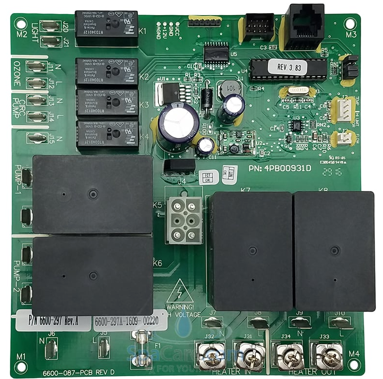 REPLACEMENT JACUZZI SPA CIRCUIT BOARD- 2 PUMP with CIRC PUMP -J-300 LCD-LED SERIES- 2014-2015 -DOMESTIC/EXPORT (50/60 HZ)       Models Covered Jacuzzi® circuit board 2014+ J-385, J-375, J-365, J-355, J-345, J-335 Replaces 6600-293 and 6600-364  Circuit Board supports 2014+ J-300 models with the CLEARRAY® on-demand function only.  Introduction Welcome to this guide on how to replace the Jacuzzi® spa circuit board for 2 pump J-300 LCD-LED series, specifically for the 2014-2015 domestic and export models with a frequency of 50/60 Hz. This guide will walk you through the process of replacing your old circuit board with a new one, ensuring that your Jacuzzi® spa continues to function smoothly.  About the Jacuzzi® Circuit Board The circuit board is a crucial component of any electronic device, including your Jacuzzi® spa. It serves as the brain of your spa, controlling and coordinating all its functions. The circuit board receives signals from various sensors and switches, interprets them, and sends out commands to other parts of the spa, such as pumps, lights, and heaters. Without a working circuit board, your spa would not be able to function properly.  Signs of a Faulty Circuit Board There are several signs that may indicate an issue with your Jacuzzi® spa's circuit board. These include malfunctioning jets or pumps, failure to heat up, unresponsive controls or display screens, and error messages on the control panel. If you experience any of these issues, it may be time to replace your circuit board. Check Devices attached to the board and in particular the heater as they could be a cause of board failure and it is recommended to replace an old heater and the flow switch with the new board . Replacement Process Replacing a Jacuzzi® spa circuit board is a relatively straightforward process that can be completed in a few steps. Before beginning, make sure to turn off all power sources to the spa and disconnect it from its power supply. Once that is done, follow these steps:  Remove the front panel of your spa to access the circuit board. Carefully disconnect all cables and wires from the old circuit board. Remove the old circuit board from its mounting position. Place the new circuit board in the same position as the old one and secure it in place. Check Programming jumpers that they are set for your options of tub Reconnect all cables and wires to the new circuit board. Replace the front panel of your spa. Turn on the power supply and test the new circuit board by running your spa's functions. If you are unsure about any step in this process, it is always best to consult a professional technician who is familiar with Jacuzzi® spas.  Compatibility It is essential to ensure that the replacement circuit board is compatible with your specific Jacuzzi® spa model.  This guide is specifically for 2 pump with Circ pump J-300 LCD-LED series models from 2014 to 2015, with a frequency of 50/60 Hz.  Using an incompatible circuit board could result in further issues and may even damage your spa.  Additional Tips Always follow proper safety precautions and turn off all power sources before attempting to replace the circuit board. Keep the new circuit board in its anti-static packaging until you are ready to use it. Carefully handle and install the new circuit board to avoid any damage. Regularly check and maintain your spa's components, including the circuit board, to prolong their lifespan and avoid future issues.  