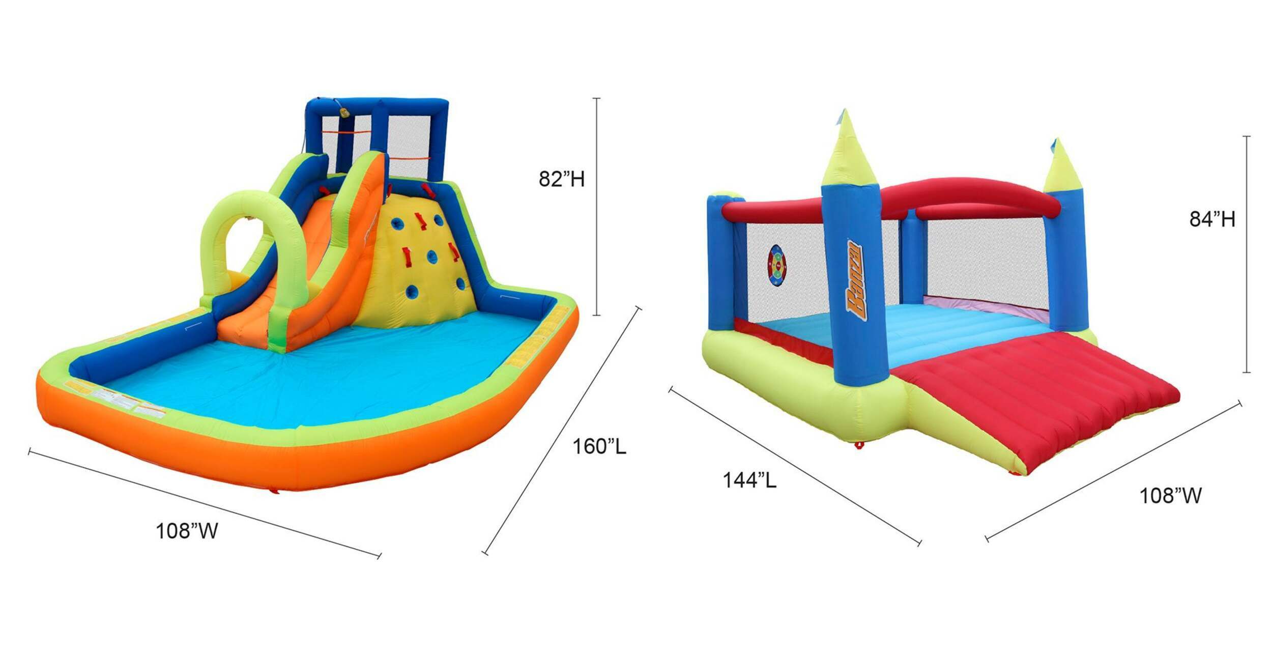  Inflatable 13' Water Slide Plus 12' Bounce House Combo banzai-2-in-1-slide-bounce-combo-park-1fc9ecd7-b8ad-4b3b-8357-357b3be2b53f-jpgrendition.jpg    Are you looking for the ultimate backyard water fun experience? Look no further than our Inflatable 13' Water Slide Plus 12' Bounce House Combo. Made with durable material and designed to provide hours of entertainment, this combo is perfect for all ages.    The 13' water slide features a steep drop that leads into a refreshing splash pool at the bottom. And just next to it, the 12' bounce house offers endless jumping and bouncing fun. This combination guarantees non-stop laughter and excitement for your family and friends.    But that's not all – our inflatable combo also comes with a built-in basketball hoop for some friendly competition. Challenge your friends to see who can make the most hoops while bouncing around in the bounce house. It's a great way to stay active and have fun at the same time.    Plus, with its vibrant colors and eye-catching design, this inflatable combo will be the talk of the neighborhood. It's perfect for birthday parties, BBQs, or any outdoor event. And since it can accommodate up to 6 children at a time, everyone can join in on the fun.    Safety is always our top priority, which is why our Inflatable 13' Water Slide Plus 12' Bounce House Combo comes with safety features such as tall protective walls and secure netting. Parents can have peace of mind knowing their children are safe while playing.    Setting up this inflatable combo is a breeze – simply use the included blower to inflate it in minutes. And when the party is over, it's just as easy to pack up and store for the next event. Made from high-quality materials, this inflatable combo is built to last and withstand hours of active play. It's also waterproof and UV-resistant, so you can enjoy it year-round without worrying about wear and tear.    Don't miss out on the endless hours of fun that our Inflatable 13' Water Slide Plus 12' Bounce House Combo has to offer. Order now and make your next outdoor gathering a hit  with kids and adults alike!    Features  Climb, Slide And Splash Around - Water Park Includes Over Head Sprinkler And Water Spraying Wave. Slide N Score Bouncer Includes A Slide, 3 Self Sticking Dart Goals and an Inflatable Soccer Ball For Jump Slide and Score Fun Water Park Is 13 FT Long, 9 FT Wide And 7 FT Tall! Bounce House Is 12FT x 9FT x 7FT! Heavy Duty -Made With Super Strong Materials For Durable Play. Inflates In Less Than 2 Minutes - Quick And Easy Set Up.   Product Dimensions: 144"L x 108"W x 84"H  Age Range (Description): Kids  Special Feature: Inflatable  Assembly Time: 2 minutes  Assembly Required: Yes  Product Dimensions: 144"L x 108"W x 84"H  Item Weight: 67.9 pounds  Manufacturer recommended age: 5 months and up   comes with     bounce-house-2-pak.jpg