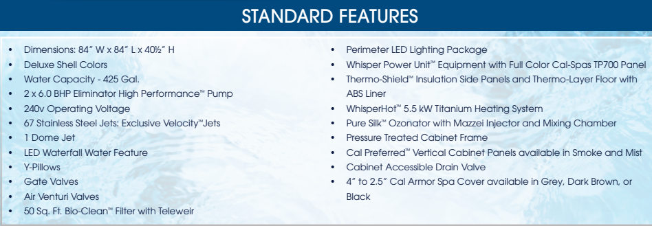 calspa-ec767-silver-2024.png Baja Silver 7x7 (seats 6 , 2 therapeutic pump + hush circ pump ) 240 v Features: 5.5kW Titanium Heater, Curved Cascade LED Waterfall, Perimeter LED Lighting Package, 2 Pump System Take the plunge into a great deal with this hot tub for sale! Enjoy your hydrotherapy experience in this 7 ft. spa, with enough room to fit 6 adults and 67 Velocity™ Jets that will give you the ultimate all-over massage. With captain seats and cool off seats, every member of your family can find their own spot of comfort and relaxation. Get your hot tub new and you will be in for a real treat – the ultimate hydrotherapy experience! Don’t miss out on this great deal, buy now and enjoy the best of what hydrotherapy has to offer. In addition this package includes the 24 hr dedicated heat hush pump !. Perfect for Hot Tubs placement on decks to reduce pump noise in filtration and heating cycles .