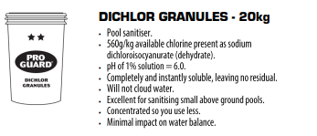 Crystal Clear Water, Every Time with   Pro Guard DiChlor Granular Chlorine  50 Lb -20 KG  Ensure safe, sparkling water with Pro Guard DiChlor Granular Chlorine, the trusted solution for pool and spa owners who value effective, hassle-free maintenance.   dichlor-stabalized-granular-chlorine-..-western-tub-and-pool-1-855-248-0777.png     [Shop Now at Western Tub and Pool 1-855-248-0777 ]  Simplify Your Pool Maintenance     Keeping your pool or spa clean shouldn’t feel like a complicated chore. The Biolab 21045BPG 50 lbs ProGuard Dichlor Granular Chlorine is a premium-grade solution for sanitizing your water efficiently and effectively.  Here’s why pool owners choose ProGuard Dichlor Granular Chlorine time and again:  Fast-Dissolving and Easy-to-Use Say goodbye to residue or cloudiness. ProGuard dissolves quickly, keeping your water clear and swim-ready in no time.  Powerful Sanitization Achieve consistent disinfection by eliminating harmful bacteria, algae, and contaminants with every application.  Stabilized Chlorine Specially formulated to resist the degrading effects of UV rays from sunlight, ensuring prolonged performance and fewer reapplications.  Versatile for Pools and Spas Designed to meet the sanitization needs of all water environments, from backyard pools to luxurious hot tubs.  Why Choose Western Tub and Pool? Reliable Quality We only stock trusted, professional-grade pool sanitation products to guarantee your satisfaction.  Competitive Pricing Enjoy access to top-tier pool solutions at pricing that works for you.  Expert Support Our knowledgeable team is here to answer your questions, ensuring your pool care is as simple as possible.  Take the First Step Toward Effortless Pool Care Don’t settle for cloudy or unsanitary water. Simplify pool maintenance with ProGuard Dichlor Granular Chlorine and enjoy safe, crystal-clear water every day.  [Shop Now and Save Time Today! 1-855-248-0777]