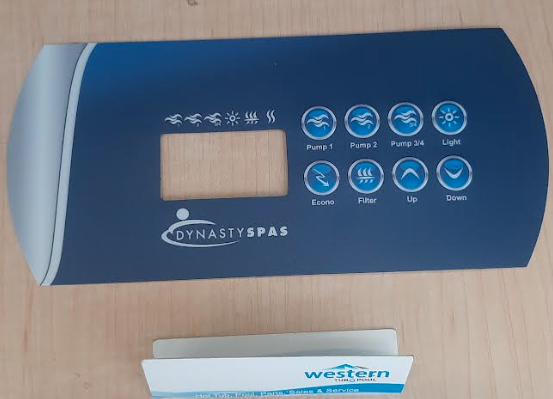 replacement Dynasty k-85 topside control overlay sticker   overlay with dynasty logo .  used in with K-85 topside controller typically seen with the in.xe lower control systems      dynasty replacement topside control overlay. Upgrade your spa or hot tub with the Dynasty K-85 Topside Control Overlay featuring the iconic Dynasty logo. Compatible with in.xe systems using the k-85 topside control , this replacement part 14085 adds a touch of sophistication and personalization to your spa experience.  But it's not just about aesthetics. The K-85 overlay serves an important function - protecting your topside controller from wear and tear. Over time, constant use and exposure to elements can cause damage to your original overlay, making it difficult to read or operate properly.  With the Dynasty K-85 Topside Control Overlay, you can easily replace your worn or damaged part without having to replace the entire topside controller. This not only saves you time and money, but also ensures that your spa remains in top working condition.  The overlay is designed to fit perfectly on your existing topside control, ensuring a seamless transition and hassle-free installation process. Made from high-quality materials, it can withstand daily use and exposure to water and chemicals without deteriorating.  In addition to its durability, the K-85 overlay features an easy-to-read design with clear labels for each function. This makes it easier for users to navigate through the various settings and programs of their spa without any confusion.  Upgrade your spa experience with the Dynasty K-85 Topside Control Overlay today. Not only will it enhance the functionality and aesthetics of your spa, but it will also provide you with peace of mind knowing that you have a reliable and durable control panel at your fingertips.  Looking for other accessories to improve your spa experience? Check out our range of hot tub covers, filters, and chemicals to keep your spa clean and well-maintained. We also offer a variety of spa steps and handrails to make getting in and out of your spa safe and easy.  At Western Tub and Pool we are committed to providing our customers with high-quality products that enhance their relaxation and enjoyment. Our team is dedicated to constantly innovating and improving our products, ensuring that every spa owner has the best experience possible. Upgrade your spa