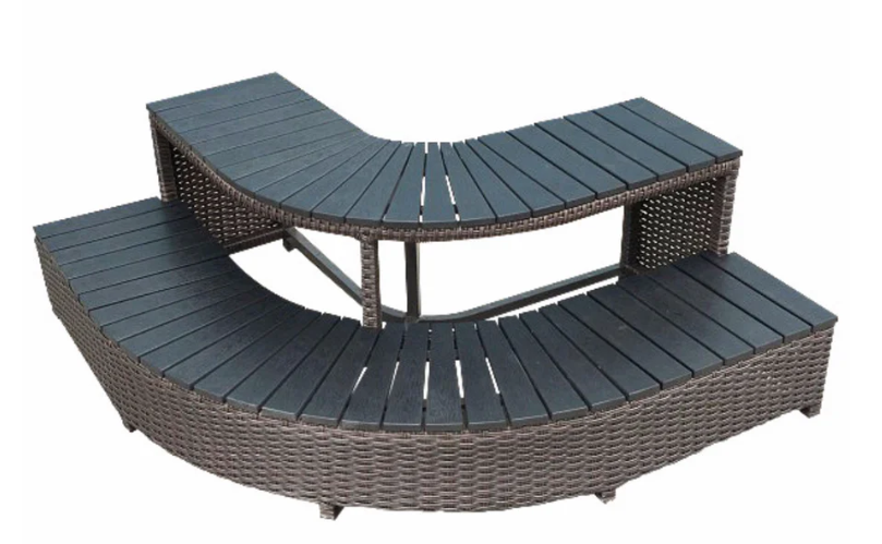 Elevate Your Hot Tub With Premium Corner Steps   Transform your backyard oasis with the Canadian Spa Company Wicker Corner Steps (KF-10080). Designed for ultimate safety and unmatched style, these slip-resistant steps make accessing your square or rectangular hot tub easier than ever.  Step into relaxation with confidence Getting in and out of your hot tub should be a safe and seamless experience. The Canadian Spa Company square surround furniture corner steps offer a perfect blend of functionality and elegance, ensuring your spa area looks luxurious while keeping you and your guests safe.  Built to last Constructed from slip-resistant synthetic wood and featuring a rust-proof aluminum frame, these steps are designed to withstand harsh weather conditions and constant water exposure without rotting or fading.  Effortless maintenance The innovative slat design allows for easy water drainage, preventing pooling and potential slipping hazards. Plus, keeping your steps looking brand new is as simple as wiping them down with a mild detergent and rinsing them with a garden hose.  Create a custom oasis With a beautiful wicker rattan finish, this modular unit can be placed alongside other pieces from the Square Spa Surround Furniture Collection. Use multiple corner and straight steps side by side to create an attractive, wrap-around effect for your spa.  Dimensions and specifications Before you order, ensure these premium hot tub steps are the perfect fit for your outdoor space:  Assembled Dimensions: 22 inches x 62 inches x 17 inches Packaged Dimensions: 30 inches x 64 inches x 8 inches Assembled Weight: 34 to 40 lbs Step Color: Brown Number of Steps: 2-Tier design Compatible hot tub models While these wicker corner steps are meticulously designed to complement Canadian Spa Company hot tubs, their versatile design means they can be used for virtually any make or model of square or rectangular spas.  Popular compatible Canadian Spa Company models include:  Saskatoon Patio Spa Muskoka 5-Person Plug and Play Toronto SE 6-Person Hot Tub Yukon 2-Person Plug and Play St. Lawrence 16ft Swim Spa Any standard square or rectangular hot tub on the market!  Frequently asked questions Will these steps fit my specific hot tub model? Yes! While they are part of the Canadian Spa Company square surround furniture line (KF-10080), these modular steps are designed to be universally compatible with almost any square or rectangular hot tub make and model.  How do I clean and maintain the wicker corner steps? Your outdoor furniture can quickly and easily be cleaned by spraying it down with a hose. When you want a more thorough clean, wipe the frames with a mild detergent in lukewarm water, rinse, and let dry. Avoid strong detergents and abrasive cleaners.  I am looking for a specific hot tub replacement part. Can you help? Absolutely. If you need hard to find product part assistance, send us an email to fixmytub@gmail.com. Check your part number if known, or send us pictures, the make and model of the hot tub, and the serial number so our experts can track down exactly what you need.  How do I order these steps or other hot tub parts? You can browse our extensive online catalog of hot tub spa parts, repair products, and replacements, or speak directly with our team for personalized assistance.  Complete your hot tub setup today Upgrade your backyard experience with safe, stylish, and durable hot tub steps. Call us at 1-855-248-0777 to get started.