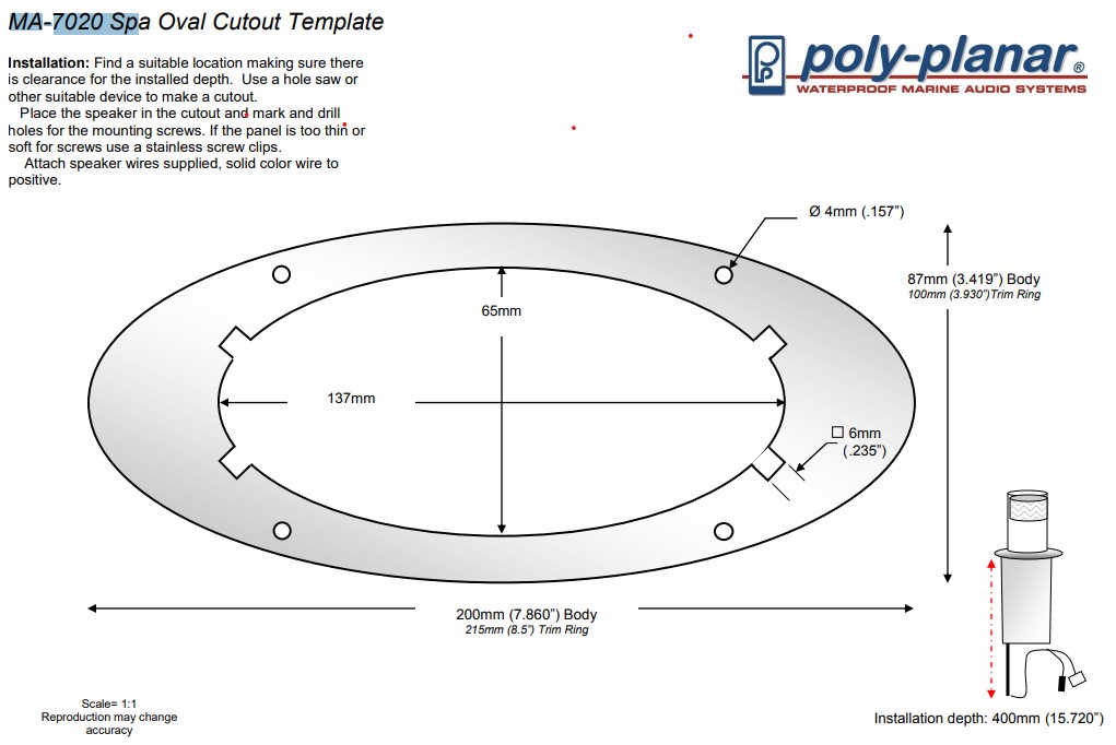 Keep the Party Going with Our Replacement Hot Tub Spa oval pop up Speakers!     Looking to amp up your hot tub or boat experience? Look no further! We offer top-of-the-line replacement speakers designed specifically for spa hot tub and boat applications.  Our Oval Popup Speaker is carefully crafted with materials that are resistant to spa chemicals, corrosion, and UV rays. This means you can enjoy your hot tub or boat without worrying about the wear and tear of traditional speakers.  But don't let their durability fool you - these speakers also pack a punch when it comes to sound quality. With 4 spade connectors included, our replacement option for the 6560-501, SD6560-501, and SUNSD6560-501 will have you singing and dancing all day (and night) long.  So why limit the fun to just your swim spa or pool? Take the party on the water with our top-notch replacement hot tub spa speakers. Your friends and family will thank you for it! Don't believe us? Try them out for yourself and see how these speakers elevate your relaxation experience to a whole new level. Don't miss out on all the fun - get your replacement hot tub spa speakers today!      The Poly Planar Pop-Up MA7020G is also a replacement  water-resistant dual-speaker for spas and jacuzzies. It is is installed on several models of spa manufactured by Sundance Spas, Wellis and Alps Spa, among others. Pop it up when you want to listen to music in the spa and push it back down (see picture 2) before putting the insulating cover back on.  It is a two-channel speaker, and connects to an audio source with 4 spade connectors.  The trim ring can also be purchased separately.   Part numbers  Replacement Option For  Sundance Spas: 6560-501 , SD6560-501 Poly-Planar: MA7020G Wellis / Phybris : ACM0369 Sunrise Spas : R6028338    Oval Popup Speaker Designed to Provide a Waterproof Speaker for Spa hot tub and boat Applications.  Materials used are Carefully Considered to Resist Spas Chemicals, Corrosion and UV Rays.  Includes:  4 Spade Connectors  Dimensions Height: 440 mm Installation depth: 400mm Escutcheon dimensions : 215 x 100 mm