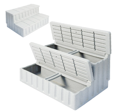 Strong Spa 2-Tier Storage Steps - Glacier White   Transform your spa area with our premium-quality Spa Storage Steps. More than just steps, they’re designed to combine style, safety, and practicality in one sleek package. Built with durable materials to last for years, their slip-resistant surface ensures every step is safe—even with wet feet.  Featuring a hidden storage compartment, the practical 2-tier structure offers easy and safe access to your spa, as well as additional storage space for towels, spa accessories, or cleaning supplies.  Finished in a sleek Glacier White look, the steps complement a wide range of outdoor and indoor décors, ensuring they look as good as they function. The high-quality, weather-resistant materials make these steps ideal for both outdoor and indoor environments, standing up to rain, sunlight, and regular moisture without compromising their appearance or durability.  Assembly is quick and straightforward, allowing you to set up the steps with minimal effort. For added safety, each step features a non-slip surface, providing secure footing even when wet. With their combination of style, strength, and practicality, our Spa Storage Steps are an essential accessory for elevating your relaxation experience.  Designed to complement any spa, their modern and stylish finish adds a touch of elegance to your relaxation haven.  Enhance your spa sessions today! Whether you’re looking for convenience, safety, or sophistication, these steps have you covered.