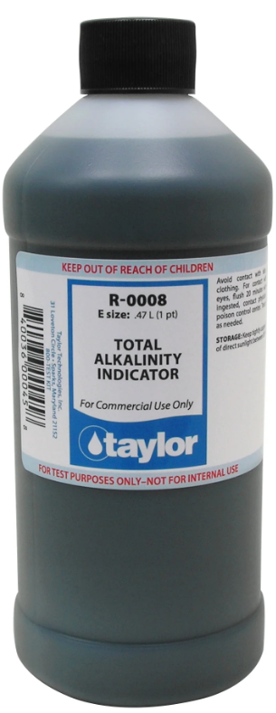 Taylor Total Alkalinity Indicator - 16oz Bottle Total alkalinity in a pool refers to its ability to resist changes in pH, acting as a buffer against acids and bases. It's a measure of the pool water's capacity to neutralize acids, preventing sudden or drastic shifts in pH levels. The recommended total alkalinity range for pools is typically between 80 and 120 parts per million (ppm).   Here's a more detailed explanation:  What Total Alkalinity Does:  pH Buffer: Total alkalinity (TA) is the water's buffer against wide pH swings. It helps maintain a stable pH level, preventing it from fluctuating drastically due to factors like rain, debris, or chemical additions.  Neutralizes Acids and Bases: It measures the concentration of alkaline substances like carbonates, bicarbonates, and hydroxides that can neutralize acids and bases.  Impact on Sanitizer Efficiency: Appropriate TA levels optimize the efficiency of pool sanitizers, like chlorine.  Why Maintaining Total Alkalinity is Important:  Stable pH: Low TA can lead to pH bouncing up and down, while high TA can cause pH to drift upward.  Equipment Protection: Low TA can cause corrosion of pool surfaces, metal fixtures, and damage to equipment.  Water Clarity: High TA can lead to cloudy water and scale buildup.  Comfort: Proper TA levels contribute to a more comfortable swimming experience, preventing skin and eye irritation.  In essence, total alkalinity is a crucial aspect of pool water chemistry, impacting pH stability, equipment longevity, and overall swimming comfort. Maintaining it within the appropriate range is essential for a healthy and enjoyable pool environment.