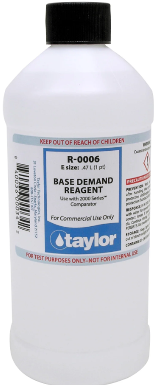 Taylor Base Demand Reagent (for 2000 Series) - 16oz Bottle    A base demand reagent is a chemical solution used in pool and spa water testing to determine the amount of base (like sodium carbonate) is needed to adjust the pH to a desired level. It's a key component in Taylor pool water testing kits, helping to ensure water balance and prevent issues like corrosion or etching. The reagent is typically used in conjunction with a pH indicator (see available options below), to precisely calculate the necessary base dosage.  Here's a more detailed explanation:  Purpose:  Base demand reagents are used when the pH of pool or spa water is low (acidic) and needs to be raised.   How it works:  The reagent is added drop-by-drop to a water sample until a specific color change occurs in the pH indicator solution. The number of drops indicates the base demand, which is then used to calculate the amount of base chemical to add to the pool.   Importance:  Properly balanced pH is essential for swimmer comfort and preventing damage to pool surfaces and equipment.   Storage:  Reagents should be stored properly to maintain their effectiveness. This includes keeping them in a cool, dry place, away from direct sunlight and extreme temperatures.   Why Wait? Make a Splash with Confidence!  With our reliable testing solutions, keeping your pool perfectly balanced has never been easier. Say goodbye to guesswork and hello to crystal-clear water that&rsquo;s inviting, comfortable, and safe for everyone. Grab your test kit today and ensure your pool stays the life of the party all season long. Happy swimming!
