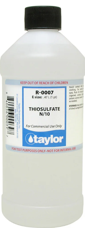 Taylor Thiosulfate N/10 - 16oz Bottle  When it comes to maintaining a clean and inviting pool, having the right water chemistry is essential. This not only ensures safe swimming conditions for you and your loved ones, but also helps protect the longevity of your pool equipment. Achieve crystal-clear pool water effortlessly with Taylor Thiosulfate N/10, the premium choice for maintaining perfect water chemistry. Thiosulfate N/10 is a reagent commonly used in the hot tub and pool industry to neutralize chlorine and test total alkalinity. Specifically, it's a solution of sodium thiosulfate at a concentration of N/10, meaning it has one-tenth the strength of a normal solution. It's a crucial component of pool water testing and helps maintain proper water chemistry.   Like all reagents, it has a shelf life and should be stored properly to maintain its effectiveness. Recommended to store at a consistent temperature (36°–85°F or 2°–29°C), away from direct sunlight and contaminants.   Thiosulfate N/10 reagent is an essential chemical for maintaining proper levels of chlorine in your hot tub water. It helps prevent over-chlorination, which can lead to unpleasant odors, skin and eye irritation, and damage to your hot tub equipment. Along with other commonly used hot tub chemicals, Thiosulfate N/10 reagent can help keep your hot tub water clean, safe, and enjoyable for all users. Remember to always follow instructions and regularly test the levels of your hot tub water to ensure a relaxing and hygienic experience. Happy soaking!