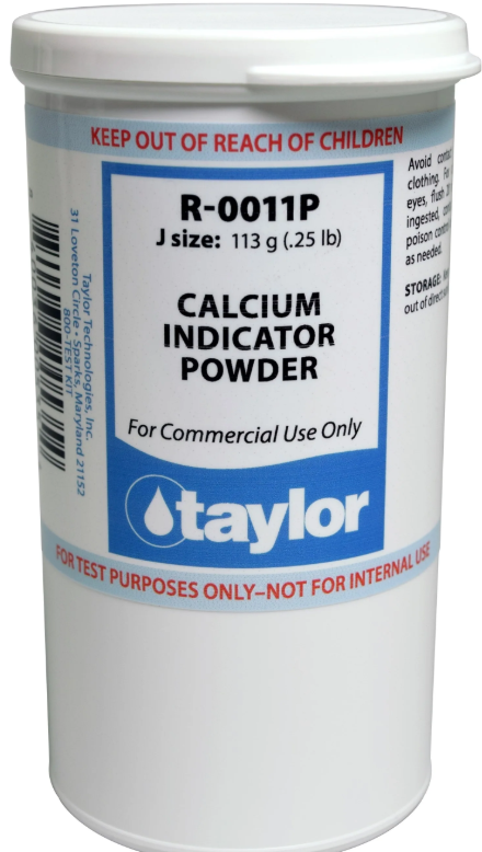 Taylor Calcium Indicator Powder - .25lb Calcium buildup can be a common problem in hot tubs, especially in areas with hard water. This buildup can lead to cloudy water, scaling on the walls and surfaces of the hot tub, and even damage to your equipment. To help prevent this issue, using a calcium indicator powder is highly recommended What is Calcium Indicator Powder? Calcium Indicator Powder is a reagent used for in water testing kits to measure calcium hardness levels in hot tub water. Why is it important to test for calcium levels in hot tub water? Calcium plays a vital role in maintaining the overall health and balance of hot tub water. Low levels of calcium can lead to corrosion of the hot tub's metal components, while high levels can cause cloudy and hard water. Additionally, proper calcium levels are essential for ensuring the effectiveness of other chemicals, such as chlorine or bromine, in sanitizing the water. How to use Calcium Indicator Powder 1. Prepare the Sample: Fill the sample tube with pool water up to the designated mark (usually 25ml). 2. Add Calcium Buffer: Add the specified amount of calcium buffer solution and swirl to mix. 3. Add Indicator: Add the calcium indicator powder (e.g., one level dipper) and swirl to mix. The solution should turn red if calcium is present. 4. Titrate with Hardness Reagent: Add the hardness reagent dropwise, swirling and counting each drop. 5. Determine Endpoint: Continue adding the hardness reagent until the color changes from red to blue (or purple in some cases, which indicates a "fading endpoint" due to metal ion interference). 6. Calculate Calcium Hardness: Multiply the number of drops of hardness reagent used by the factor provided in your test kit (usually 10 or 25) to get the calcium hardness level in ppm. 7. Clean and Dispose: Rinse the sample tube with DI water or hardness-free water before the next test, and dispose of the sample water safely, preferably down the drain with running water. Tips for maintaining proper calcium levels in hot tub water 1. Test your hot tub's calcium levels regularly - It is recommended to test for calcium levels at least once a week to ensure they are within the recommended range. 2. Balance other chemicals first - Before adjusting calcium levels, make sure your hot tub's pH and alkalinity levels are balanced. This will help prevent any potential chemical reactions that can affect the accuracy of your calcium testing. 3. Use Calcium Hardness Increaser or Reducer - If your hot tub's calcium levels are too low, use a Calcium Hardness Increaser to raise them. If they are too high, use a Calcium Reducer to bring them back into the recommended range. 4. Drain and refill your hot tub - If your hot tub's calcium levels are consistently too high, it may be necessary to drain and refill the water. This will help reset the calcium levels and maintain proper balance. Maintaining proper calcium levels in hot tub water is crucial for both the longevity and enjoyment of your hot tub. Regular testing with Calcium Indicator Powder and taking appropriate actions to adjust levels as needed will ensure a clean and healthy hot tub experience. So, it is essential to include this solution in your regular hot tub maintenance routine. Happy soaking!
