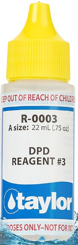 Taylor DPD Reagent #3 - .75oz Dropper Bottle Taylor DPD Reagent #3 is a high-quality testing solution specifically designed for measuring combined chlorine levels in pool and spa water. This reagent plays a crucial role in ensuring optimal water balance, helping to maintain safe and crystal-clear water conditions. Easy to use and highly reliable, it works in conjunction with Taylor test kits to provide accurate and consistent results. Whether you’re a residential pool owner or a professional technician, Taylor DPD Reagent #3 is an essential tool for effective pool water maintenance and testing. Taylor DPD Reagent #3 is used in pool and spa water testing to determine total chlorine levels. After performing a free chlorine test, five drops of DPD #3 are added to the sample, mixed, and the resulting color is compared to a color chart to determine the total chlorine concentration. This value, along with the free chlorine reading, is used to calculate the combined chlorine level. Detailed Instructions: Start with a Free Chlorine Test: First, follow the instructions for your Taylor test kit to determine the free chlorine level in your pool or spa water. Prepare the Sample: Use the same water sample from the free chlorine test. Fill the comparator tube to the appropriate mark (usually 9ml or 25ml). Add DPD #3: Add five drops of Taylor DPD Reagent #3 (R-0003) to the sample. Mix Thoroughly: Cap the tube and mix well by inverting it several times. Compare and Record: Immediately compare the color of the solution to the color standards provided in your test kit. Record the reading as parts per million (ppm) of total chlorine (Cl2). Calculate Combined Chlorine: Subtract the free chlorine reading from the total chlorine reading to determine the combined chlorine level (total chlorine - free chlorine = combined chlorine). Dilution for High Readings: If the color is very dark (e.g., 5 ppm or higher), dilute the sample and repeat the test for more accurate results. Important Notes: Light: Conduct the color matching in natural daylight (preferably northern light) or with a daylight simulator. Shelf Life: Reagents have a limited shelf life, so store them properly (cool, dark place) and replace them as needed. Accuracy: Ensure accurate readings by following the instructions carefully and using fresh reagents. Test Pool Water with Confidence! Our specialized product is designed to make pool and spa water quality monitoring simple and reliable. With simple instructions and easy-to-read results, you'll ensure your pool stays crystal clear and safe for swimmers. Don't settle for uncertainty—choose a product tailored for your pool care needs. Order now and enjoy worry-free swimming all season long!