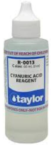 Taylor Cyanuric Acid Reagent - 2oz Dispenser Tip Cyanuric acid is a chemical compound commonly used in swimming pools and spas as a stabilizer for chlorine. It helps to slow down the degradation of chlorine by sunlight, which can lead to more efficient use of chlorine and reduced chlorine consumption. This in turn helps to save money and reduces the need for frequent recharging of chlorine in pools or spas. Cyanuric acid is a white, odorless, and tasteless powder that is highly soluble in water. How does it work? Cyanuric acid forms a protective layer over chlorine molecules, preventing them from being broken down by UV rays in sunlight. This allows the chlorine to remain in the water for longer periods of time and effectively sanitize the pool or spa. It also helps to maintain a stable pH level in the water, which is important for proper disinfection and overall water quality. The recommended level of cyanuric acid in a pool or spa is between 30-50 parts per million (ppm). Too little cyanuric acid can lead to inefficient use of chlorine, while too much can cause it to lose its effectiveness. How is it used? Cyanuric acid can be added directly to the pool or spa water, usually in granular form. It is important to follow the manufacturer's instructions and use a proper dispenser or measuring tool to add the correct amount. It is also important to regularly test the cyanuric acid levels in your pool or spa using a test kit, as excessive amounts of cyanuric acid can lead to unwanted side effects such as cloudy water and skin irritation. Benefits of using Cyanuric Acid Reagent The use of cyanuric acid in pools and spas has several benefits, including: Reduced cost - by stabilizing the chlorine, cyanuric acid allows for more efficient use of the chemical and reduces the need for frequent recharging. Better water quality: stable levels of chlorine and pH in the water help to keep it clean and free from harmful bacteria or algae growth. Protection against UV rays: cyanuric acid acts as a protective shield for chlorine, allowing it to work longer and more effectively against harmful UV rays. Cyanuric acid is an important component in maintaining a clean and healthy swimming pool or spa. Its stabilizing properties help to ensure the efficient use of chlorine and maintain proper water balance. When used correctly and within recommended levels, it can provide significant cost savings and improve overall water quality. So next time you jump into a pool or hot tub, remember the role of cyanuric acid in keeping the water clean and safe for swimming. Ensure to always follow manufacturer's instructions and test regularly to ensure proper levels are maintained for optimal results. Happy swimming!