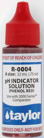 Taylor PH Indicator Solution (for 2000 Series), Phenol Red, .75 oz, Achieve Perfect Pool Balance with Taylor pH Indicator Phenol Red! Keeping your pool or spa water safe and sparkling has never been easier. The Taylor pH Indicator Phenol Red is an essential tool for measuring pH levels with precision. Whether you’re testing pool water or spa water, these reliable indicators help you maintain perfectly balanced pH, ensuring clean and comfortable swimming conditions. Easy to use and highly effective, they are a must-have for pool water testing and maintenance. Don’t leave your water quality to chance—achieve crystal-clear results with Taylor pH solutions! To test pH using a Taylor test kit, you'll typically fill a comparator tube with 44ml of the water sample, add 5 drops of the R-0004 phenol red indicator, cap, and mix by inverting. Then, you'll match the resulting color to the color standards provided in the kit to determine the pH level. Here's a more detailed breakdown: 1. Prepare the sample: Rinse and fill the large comparator tube (usually marked to 44ml) with the water sample you want to test. 2. Add indicator: Add 5 drops of the phenol red indicator solution (usually labeled as R-0004) to the sample in the tube. 3. Mix: Cap the tube and gently invert it several times to ensure the indicator is well mixed with the water. 4. Compare colors: Hold the comparator tube at eye level, preferably against a white background (like the included color standard card) and compare the color of the sample to the color standards provided with your test kit. 5. Record the result: Note the pH value that corresponds to the closest color match. If the color falls between two values, the pH is the average of the two. 6. Adjust if needed: If the pH is outside the desired range, you may need to adjust it by adding an acid or base demand. Consult your test kit instructions or a pool professional for specific instructions on how to adjust pH and total alkalinity. 7. Proper Storage: Store your test kit in a cool, dark place, away from direct sunlight and chemicals, to ensure accurate results and prolong the life of your reagents. 8. Best Practices: Avoid using your bare hands when handling the reagents or comparing colors. Consider using a white background or a daylight simulator for color matching. Dive Into Crystal Clear Waters Today! Take the guesswork out of pool care with our reliable and easy-to-use test kits. Ensure your pool stays perfectly balanced, so you can enjoy every swim worry-free. Order yours now and make every splash sparkle!