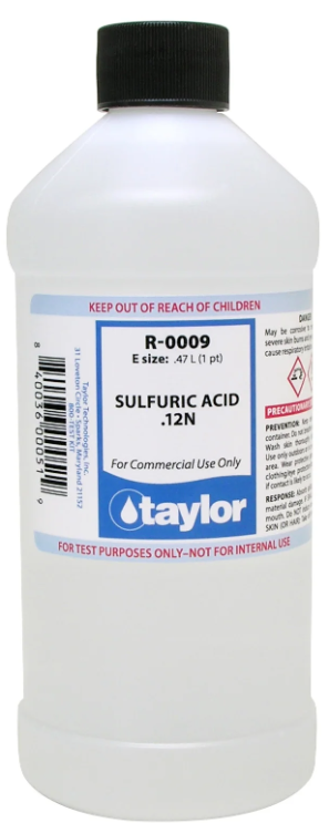 Taylor Sulfuric Acid .12N - 16oz Bottle Maintaining pristine pool water starts with precise testing, and Taylor Sulfuric Acid 0.12N is here to deliver exceptional reliability. Specially designed for use in professional and at-home pool water testing kits, this acid is used for determining total alkalinity in acid demand tests and as an acid indicator in total alkalinity tests. The "0.12N" or "12N" (same concentration) indicates its normality, which is a measure of its concentration in terms of reactive species (H+ ions in this case). Usage: Water Testing: Sulfuric acid, 0.12N, is a key reagent in pool and spa water testing kits, particularly for determining total alkalinity. Total Alkalinity: It's used to neutralize the alkaline components in the water sample, allowing for accurate measurement of alkalinity. Water Balance: Accurate alkalinity measurement is essential for maintaining the correct chemical balance of pool and spa water, which helps prevent corrosion of equipment. While a diluted solution, it's still a corrosive acid and should be handled with care. Always follow the manufacturer's instructions and safety precautions. Proper storage is important for maintaining the reagent's stability. This includes storing it at a consistent temperature, away from direct sunlight and extreme temperatures, and ensuring the cap is tightly sealed to prevent air and humidity exposure. Sulfuric acid plays a critical role in various applications, particularly in maintaining water chemistry for pools and spas. When used correctly and in appropriate amounts, it effectively lowers pH levels, ensuring the water remains balanced and safe for use. However, it is important to handle sulfuric acid with care, as it is a highly corrosive substance. Proper storage, protective equipment, and adherence to safety guidelines are essential to mitigate risks. By understanding its properties and function, users can leverage sulfuric acid as a valuable tool in water management while prioritizing safety at all times. Happy Swimming!